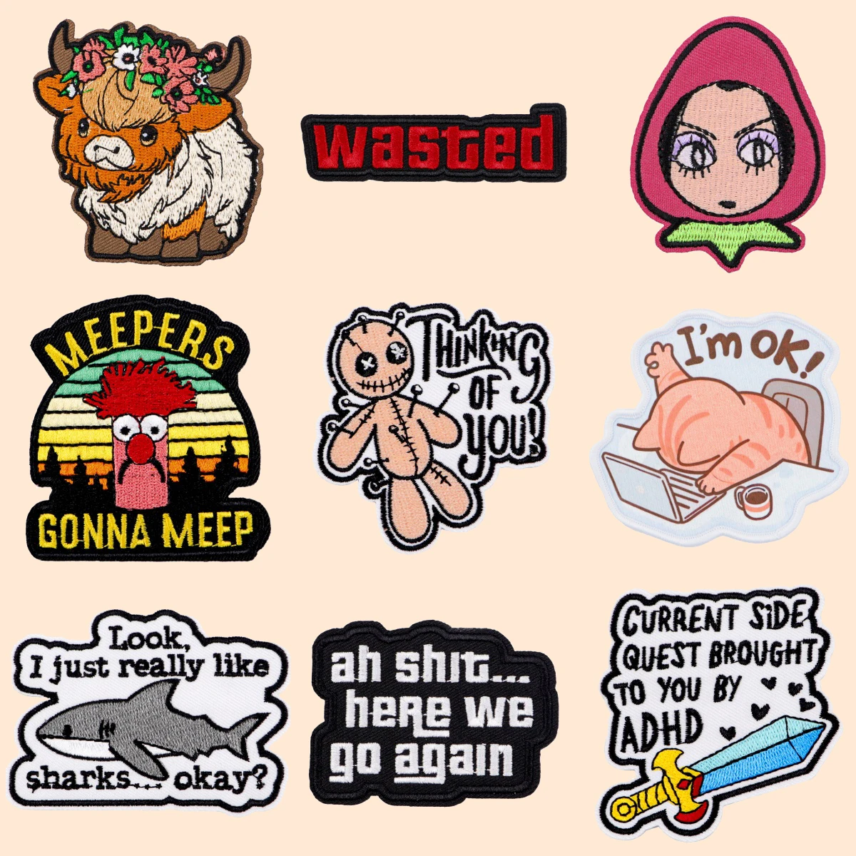 

Cute Work Cat Patches On Clothes Anime Embroidered Patches Sew Badges Funny Quotes Iron On Patch DIY Clothing Accessories