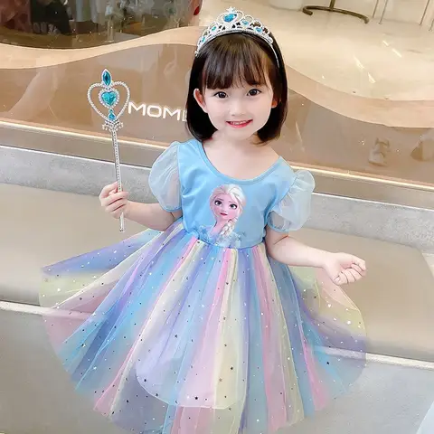새로운 디즈니 냉동 엘사 안나 공주 여름 소녀 드레스 어린이 소녀 옷 짧은 소매 공 가운 카니발 파티 드레스