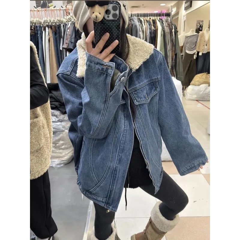 2025 Autumn and Winter New Design Denim Cotton-padded Jacket Whole Composite Velvet Splicing Imitation Lamb Wool Collar Jacket