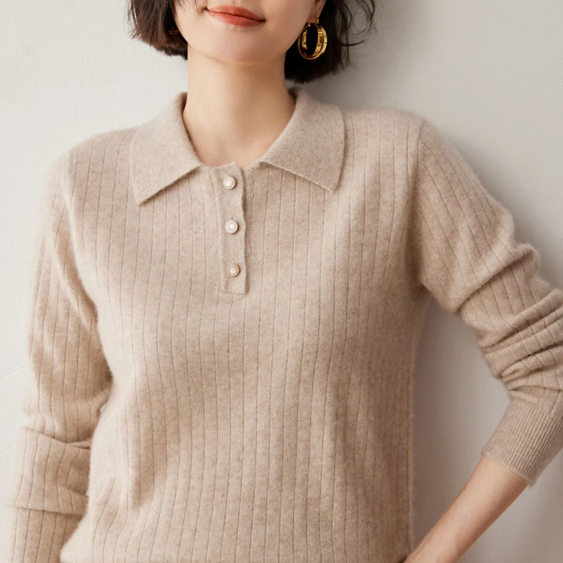 

Autumn Winter 100% Pure Cashmere Pulllover Sweater Women Polo Collar Button Soild Office Lady Staple Knit Coats Soft Comfort