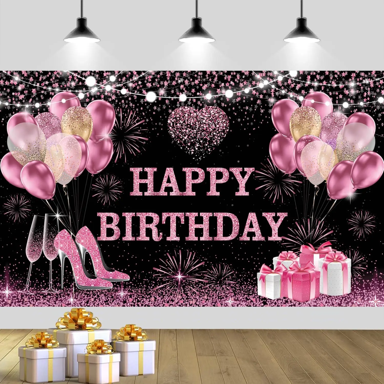 Pink And Black Happy Birthday Banner 180*110cm Background Balloon Pattern Glitter Banner DIY Girls Birthday Party Decorations