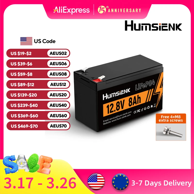 Humsienk Lithium Iron Phosphate Battery 12V 8Ah Grade A Cells Rechargeable Lightweight Home Energy Storage Backup Power