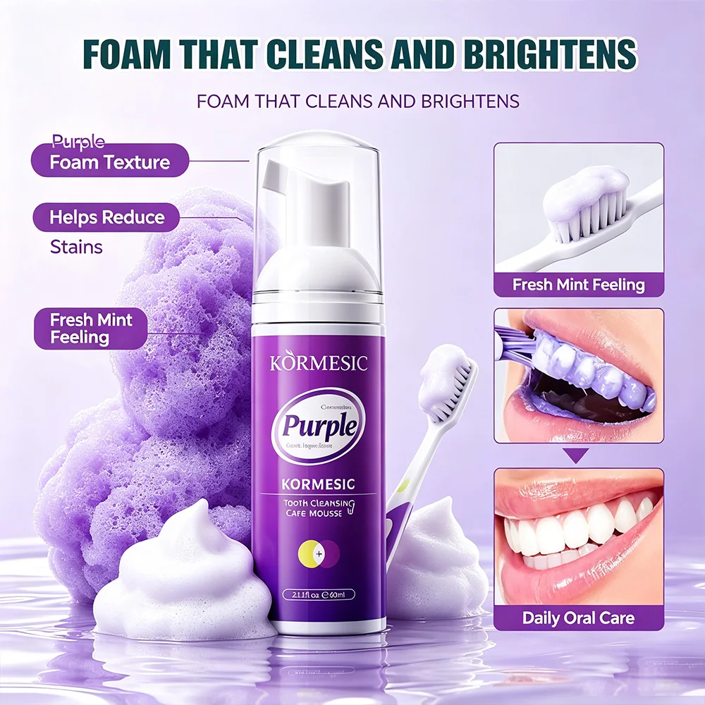 Purple Whitening Tooth Mousse Foam V34 Color Corrector Remove Coffee Tea Stains Fresh Breath Brightening Teeth Cleaning Foam