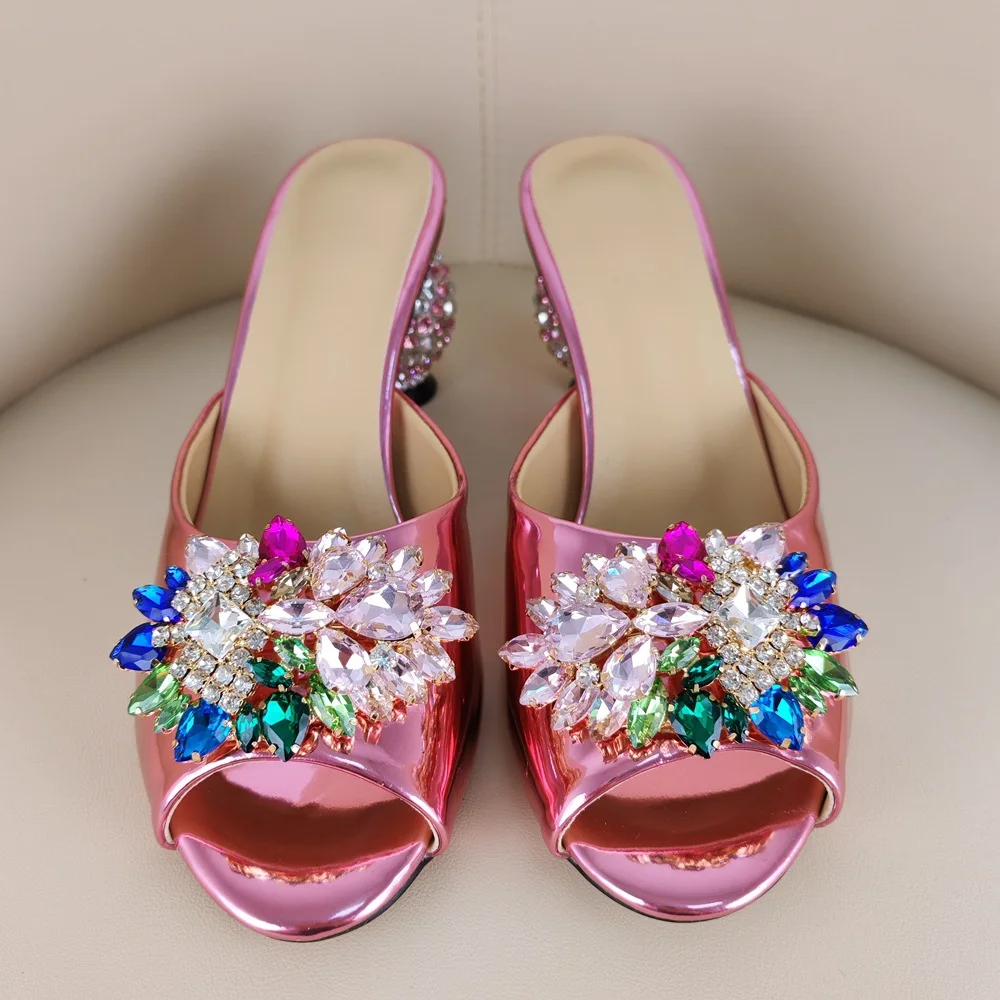 Pink Bling Rhinestone Round Toe Outdoor Summer Women Slippers Strange Style High Heels Slip On Design Large Size Shoes