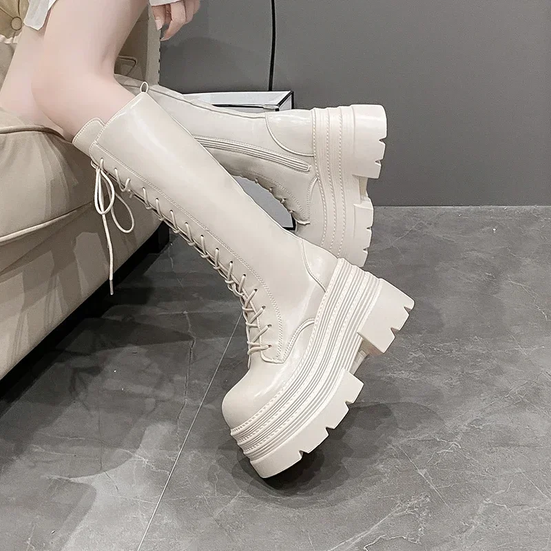 10CM New Women's Roman Long Boots Autumn Winter Knee-high Leather Punk Shoes Chunky Platform Casual Knight Boots Botas Mujer