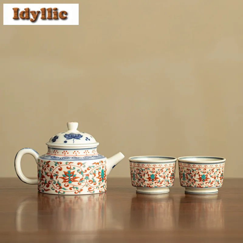 

Чайный сервиз Famille Rose Interlock Branch Lotus, полный набор, набор для чайной церемонии ручной работы, набор чайников и чайных чашек, коллекция посуды