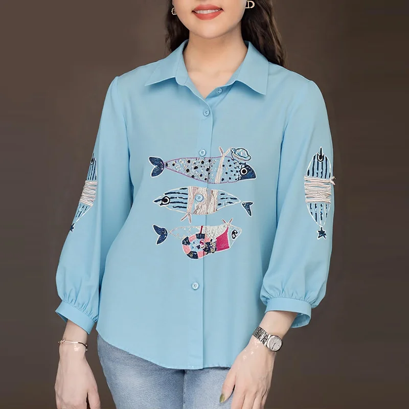 2026 ZANZEA قمصان نسائية مطبوعة على شكل سمكة وطية صدر السترة 3/4 كم بلوزات فضفاضة غير رسمية بلوزة نسائية عتيقة موضة أنيقة للمكتب للسيدات Blusa #3