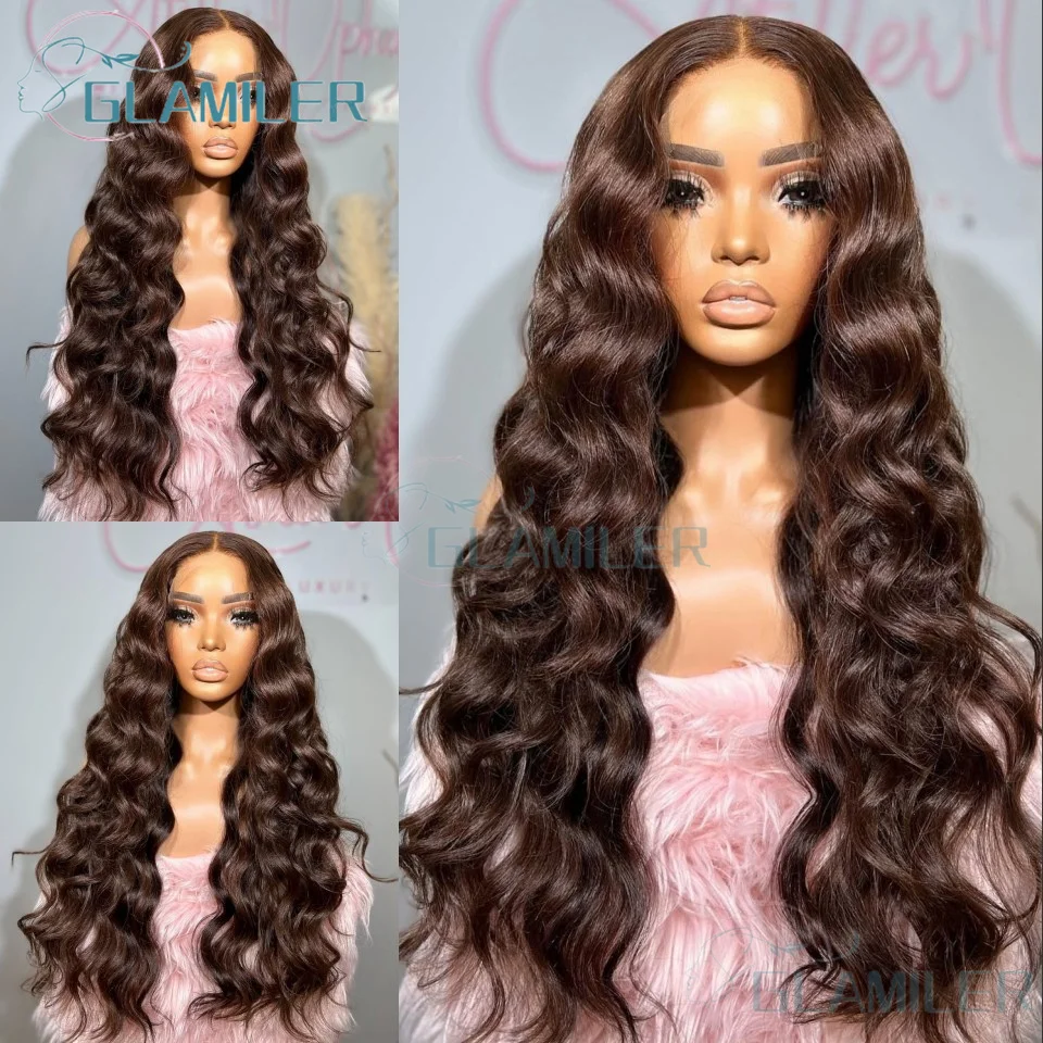 #2 Darkest Brown Long Body Wavy 13x6/360 Lace Frontal Human Hair Wigs 200% Density Pre Plucked 5x5 Silk Top Closure Wave Wigs