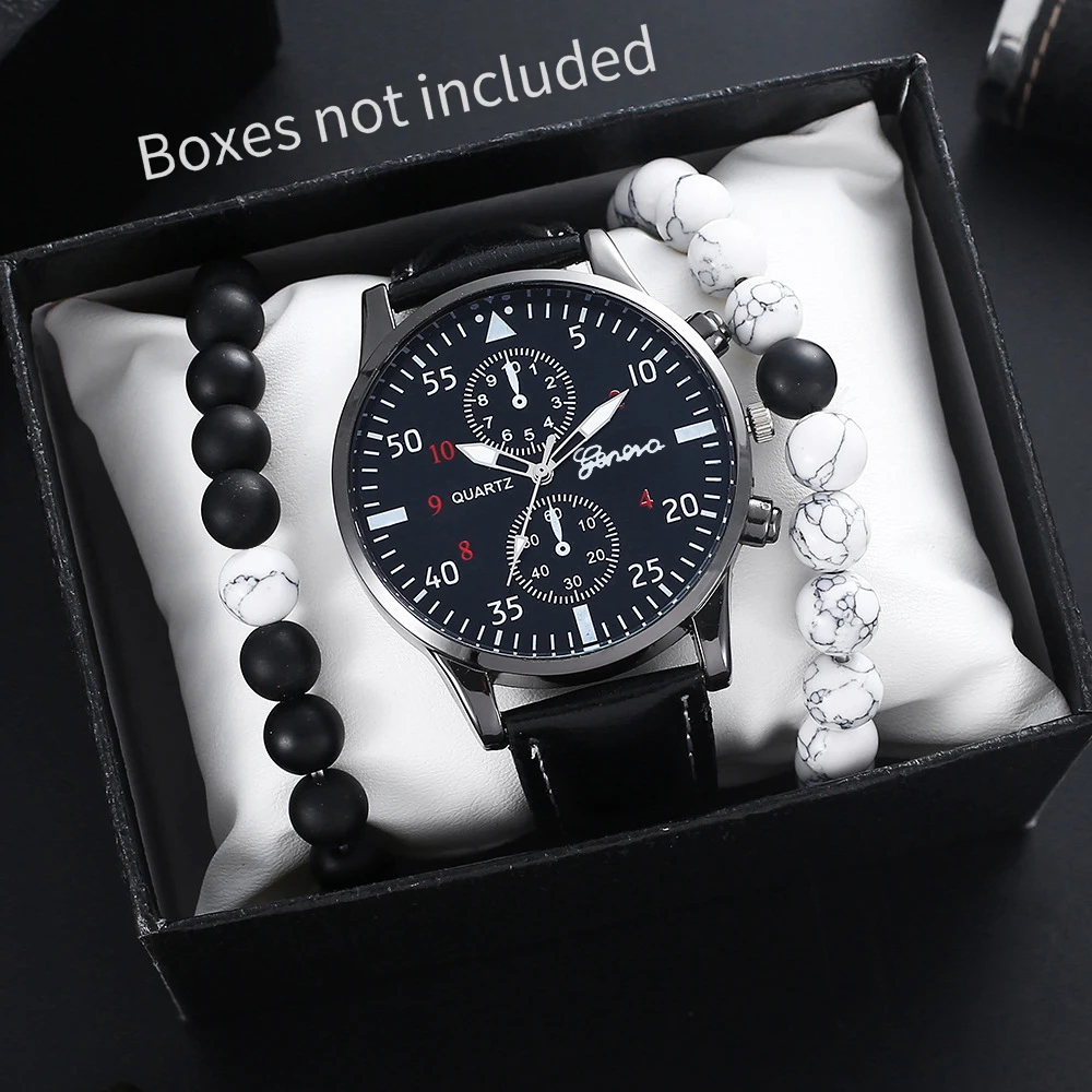 3 шт./компл. модные мужские часы, повседневный кожаный ремешок, мужские деловые кварцевые часы, браслеты с бусинами, набор Reloj Hombre (без коробки)