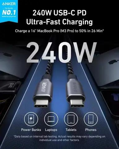 Новый кабель Anker Prime USB-C - USB-C, 240 Вт, 1.8 м, для быстрой зарядки, в оплетке из нейлона, с гарантией изгиба до 100 раз