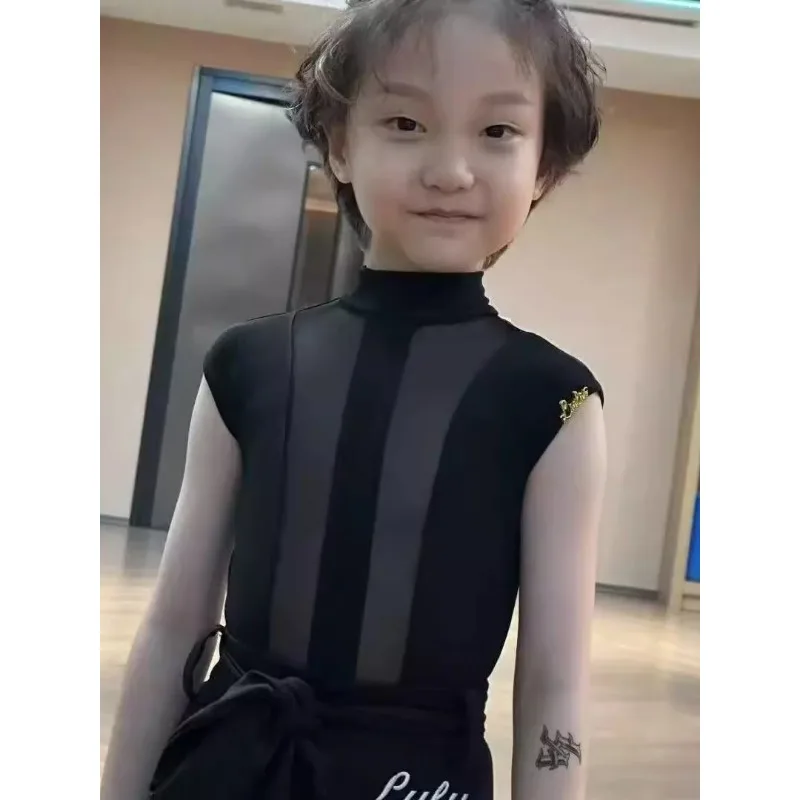 맞춤형 어린이 라틴 댄스복 소년용 메쉬 민소매 상의와 바지 연습복