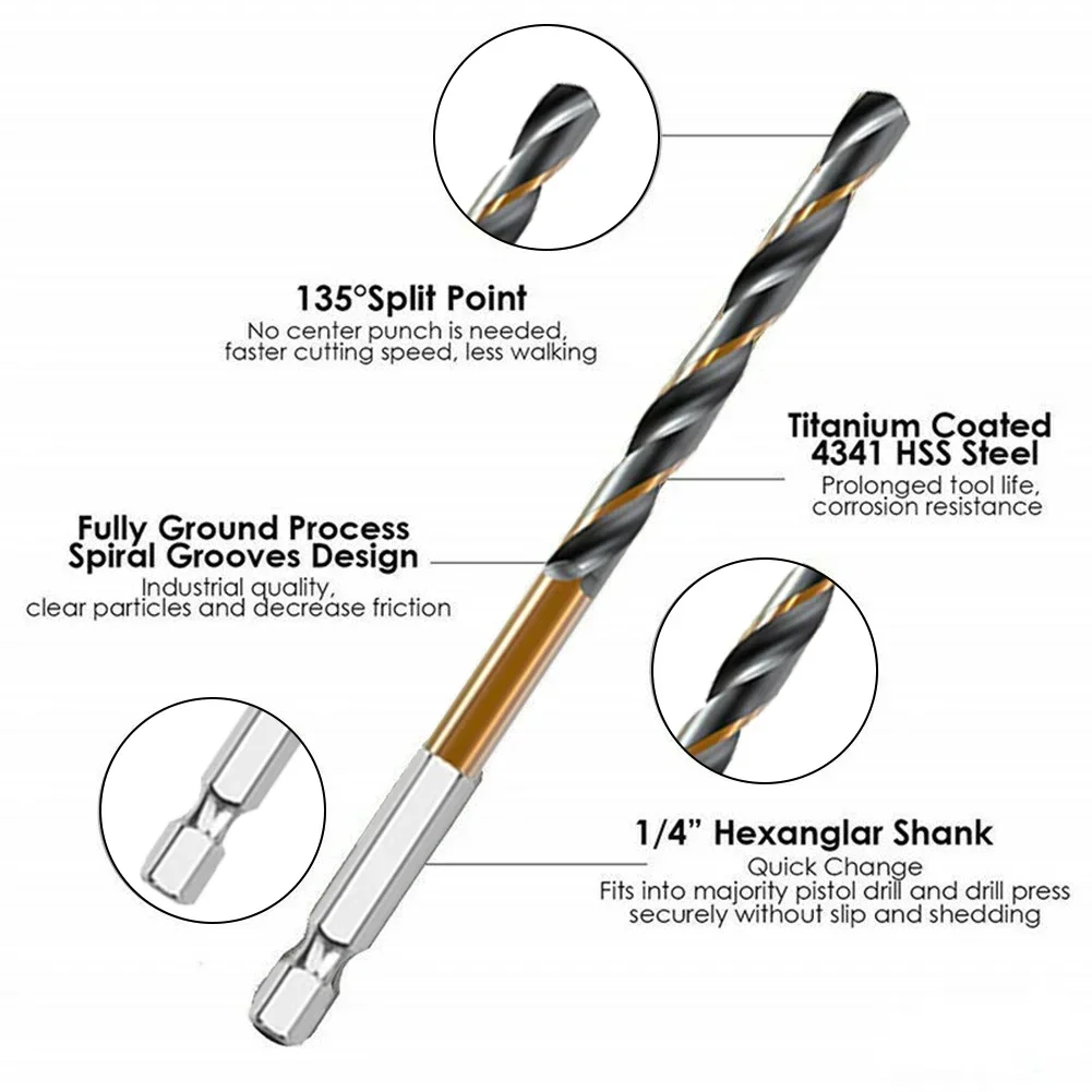 HSS Titanium Coated Drill Bit With Quick Change 1/4\'\' Hex Shank 1.5-6.5mm High Speed Steel For Metal Wood Plastic Drilling Tools