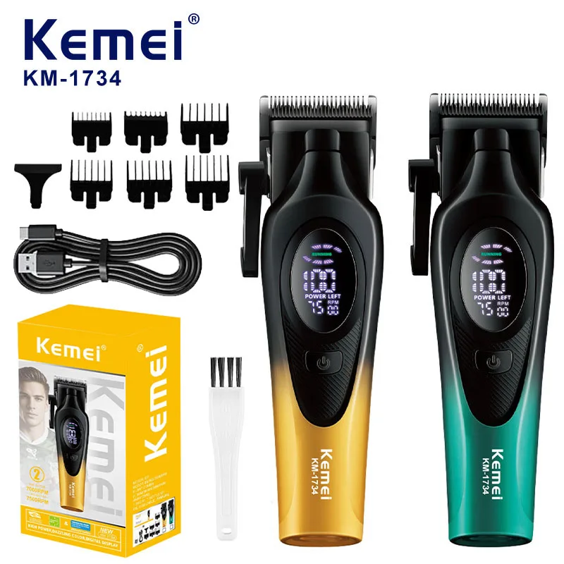 

Kemei KM-1734 Hair Trimmer for Men DLC Blade T-Blade 7500RPM Full Metal LCD Display Low Noise Professional Finishing Machine
