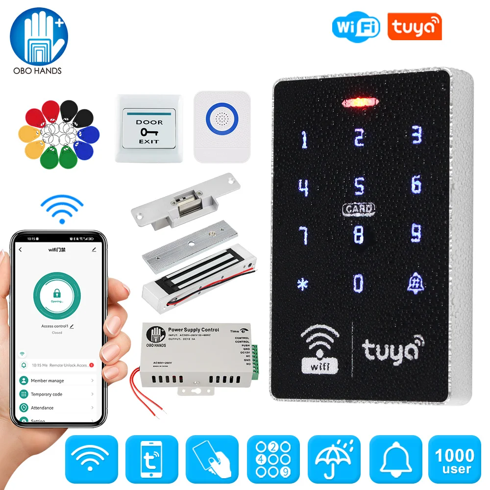 2.4GHz Wifi Tuya APP Smart Door Access Control System Kit Set Waterproof RFID Keyboard Access Controller, Electric Magnetic Lock