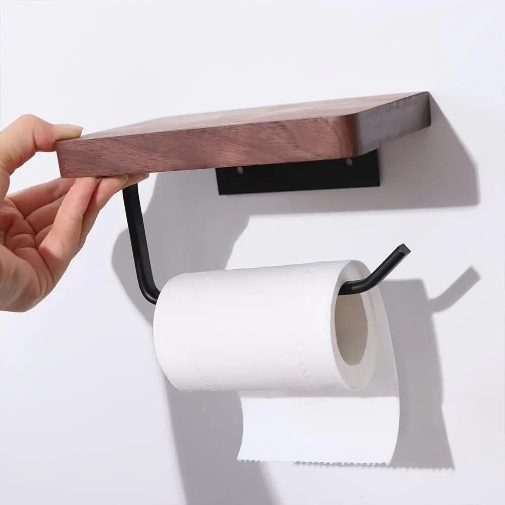 Natural Walnut Wooden Toilet Tissue Roll Holders Wooden Wall-Mounted Toilet Paper Holder Durable Rectangular Towel Roll Shelf