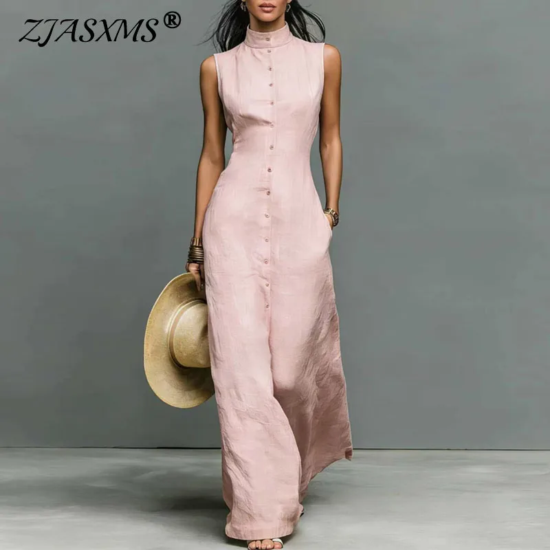 Böhmisches Stehkragen-Knopf-Maxikleid Elegantes Hochgeschnittenes Einfarbiges Partykleid Frühling Sommer Ärmelloses Urlaubskleid