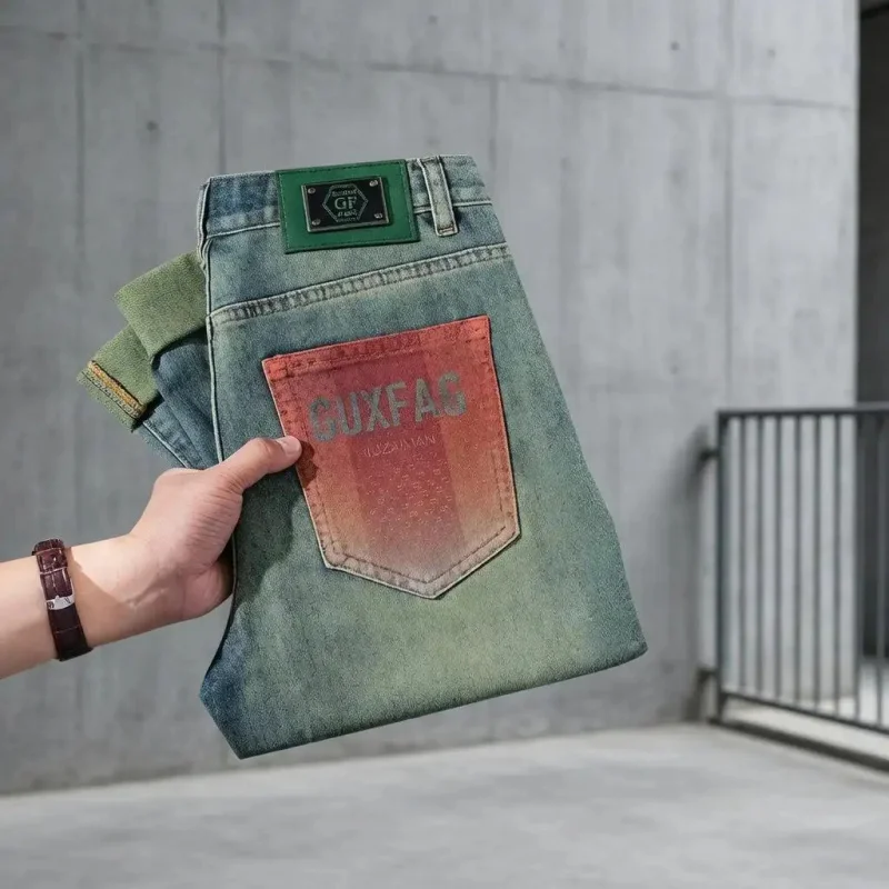 Vintage Style Men's Denim Jeans with Green Leather Patch Pattern, Straight Cut, Retro Casual Streetwear for Men