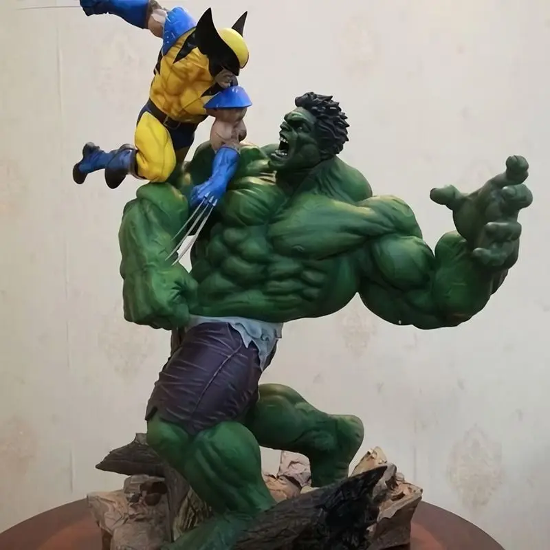 36cm Marvel Superhero Combat Scene Version Hulker Vs Wolverine Pvc Action Figure Green Man Statue Collection Model Adult Gift