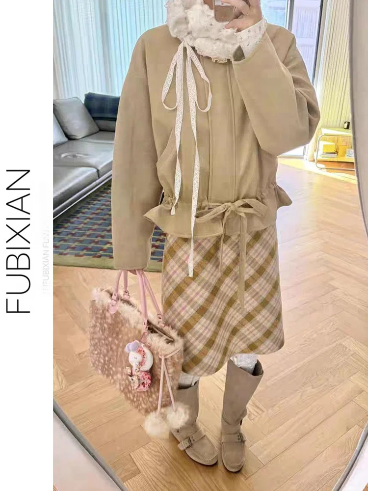 

Retro Korean Plaid Woolen Skirt High Waist Slim Fit A-Line Skirt Autumn Winter Faionable Casual Sle for Young Women