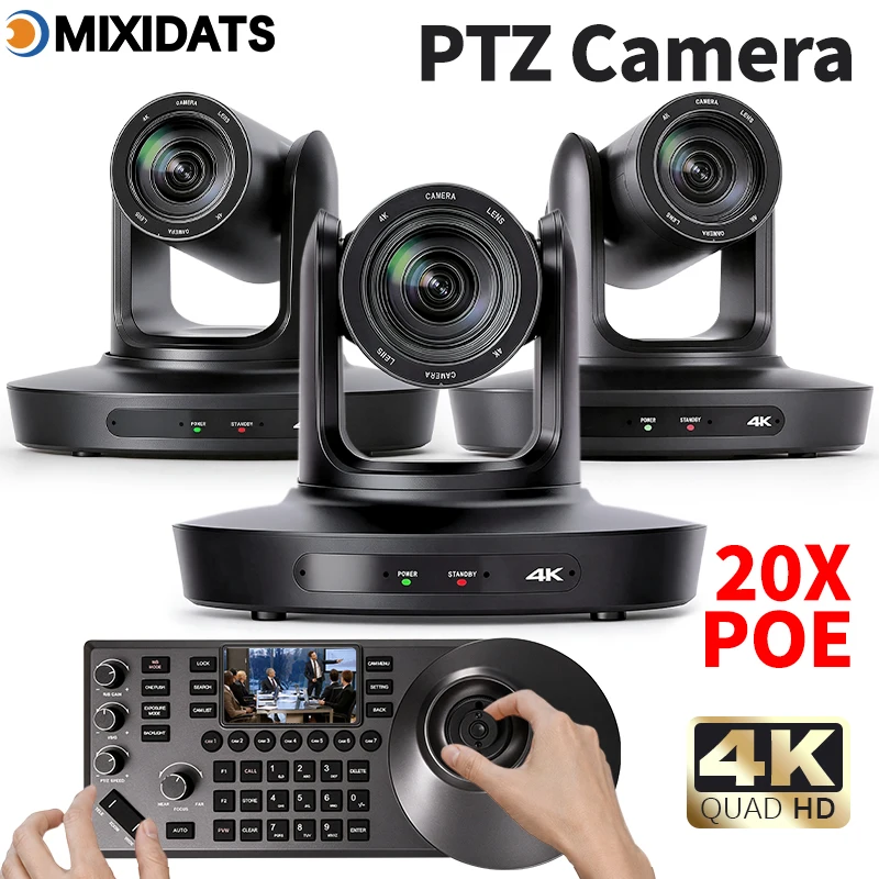 Kamera PTZ 4K z 20-krotnym zoomem, obsługująca standard NDI, przeznaczona do wideokonferencji, wyposażona w funkcję śledzenia obiektów za pomocą sztucznej inteligencji, posiada porty USB, HDMI i LAN oraz obsługuje zasilanie przez Ethernet ( — zdjęcie produktu 4
