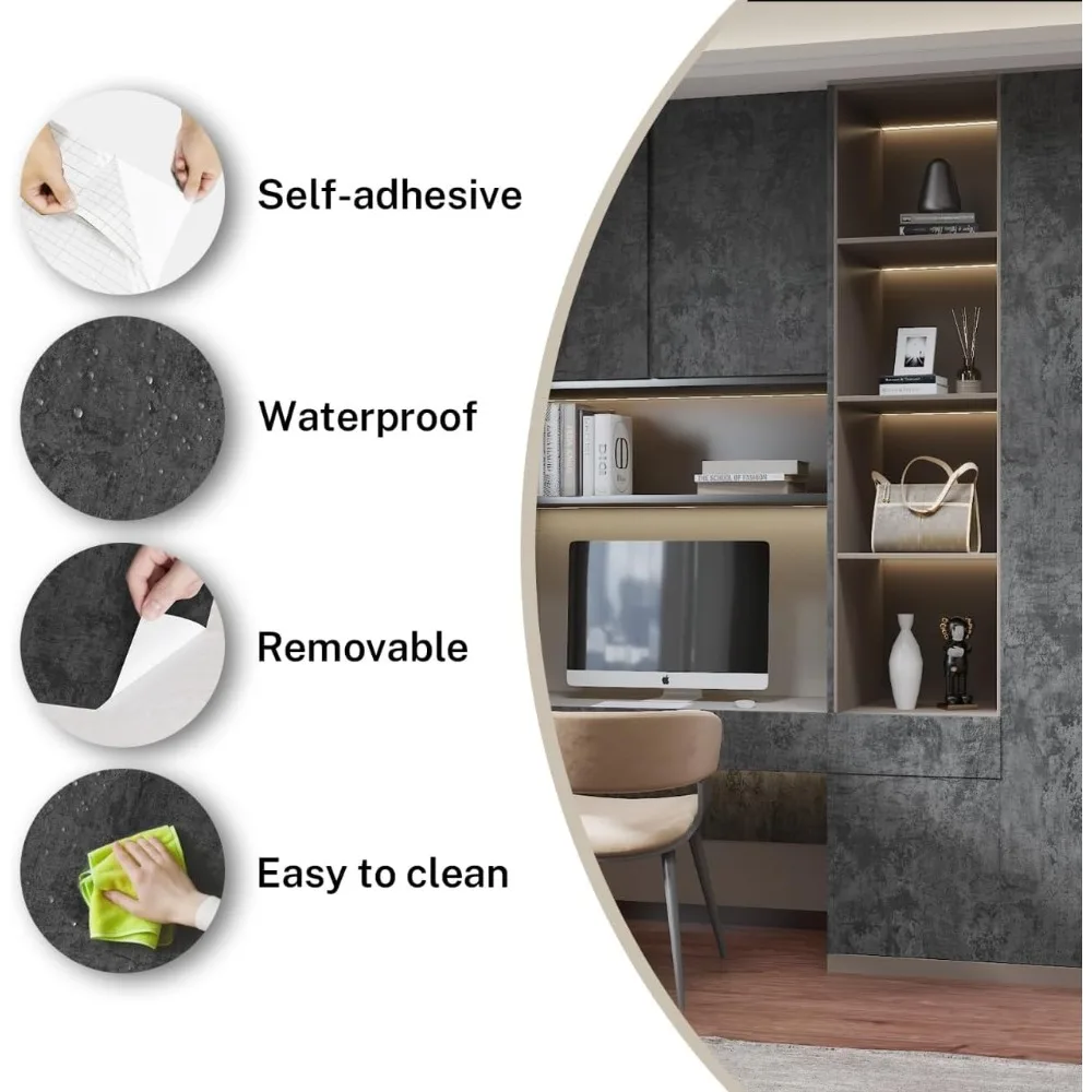 ورق جدران واسع من الخرسانة باللون الرمادي والأسود - ورق اتصال غير لامع ذاتي اللصق مقاوم للماء لتزيين الجدران القابل للإزالة