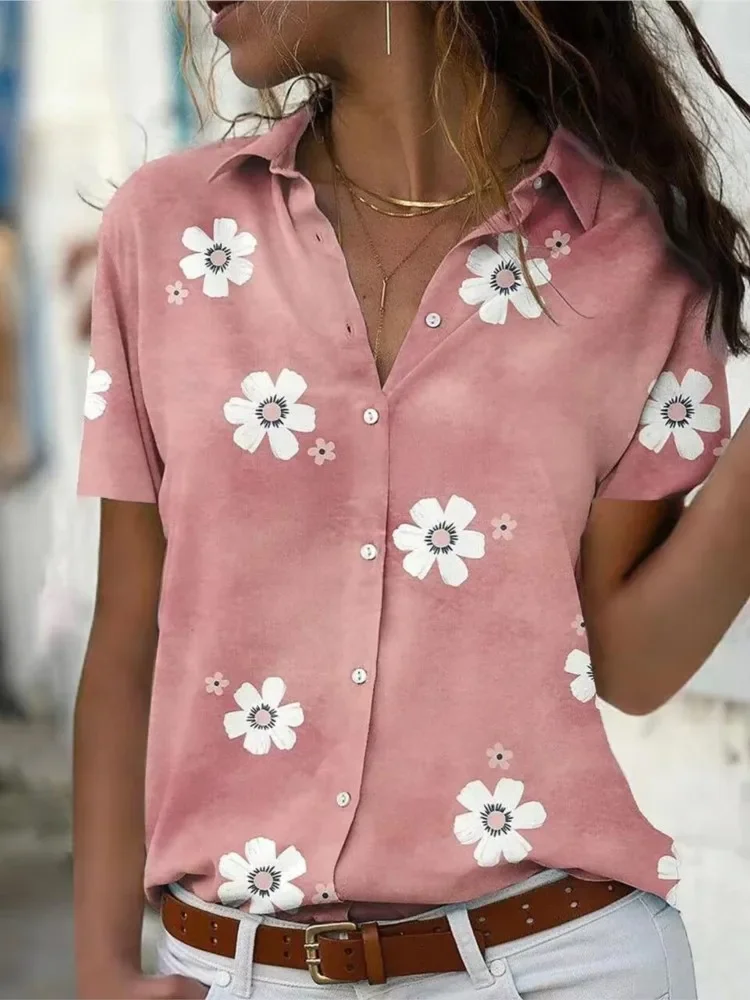 Camisa con botones cómoda e informal holgada con cuello de manga corta y estampado de flores a la moda adelgazante para primavera y verano para mujer