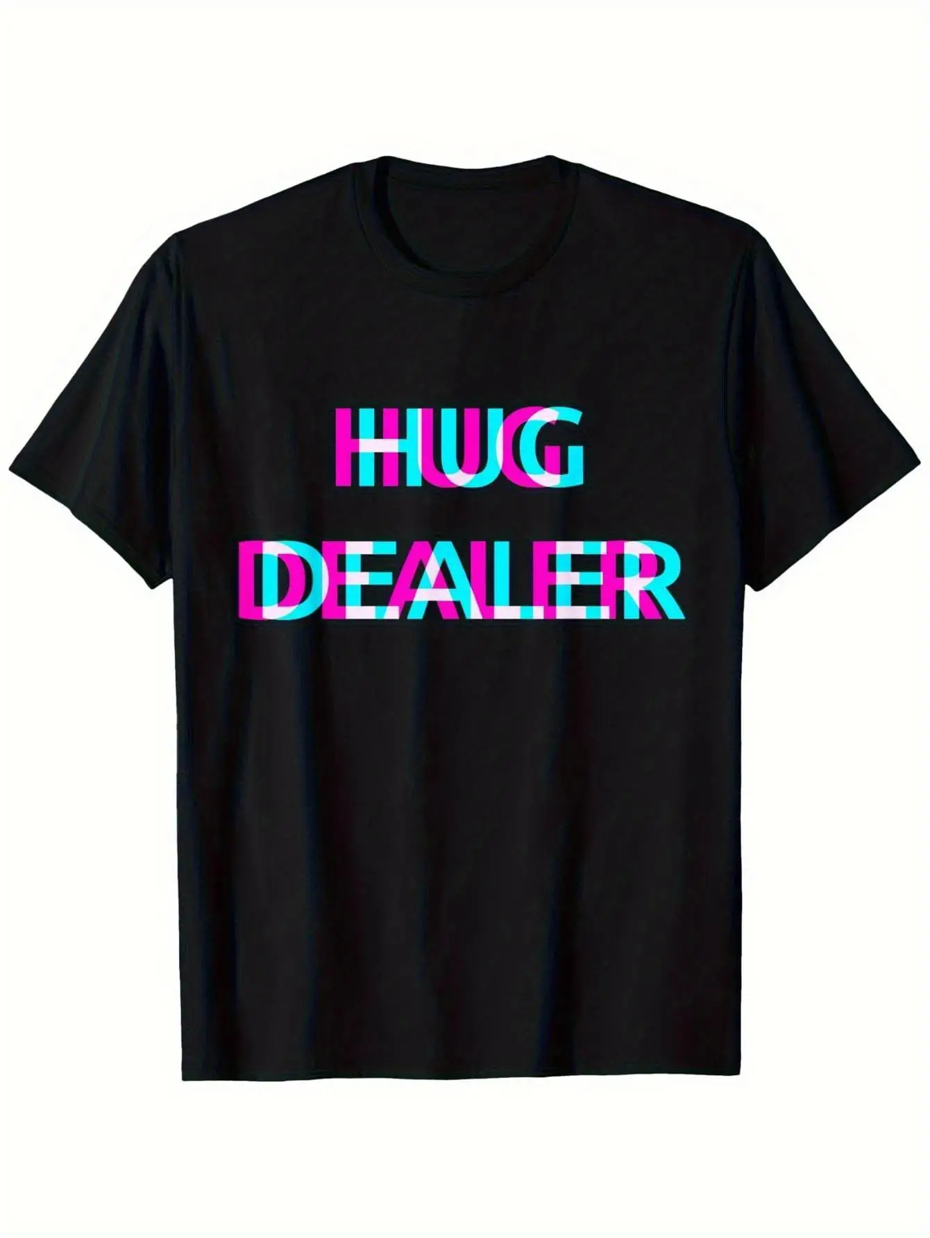 Men's-in-the-Dark Neon T-Shirt with HUG DEALER Print- Reactive Pink Blue Show, EDM Rave Party Shirt, Breathable Short Sleeve Round Neck Tee for Techno Music Festivals, Nightlife Parties(, Loose Fit), Rave Clothes Men, Festival Outfi