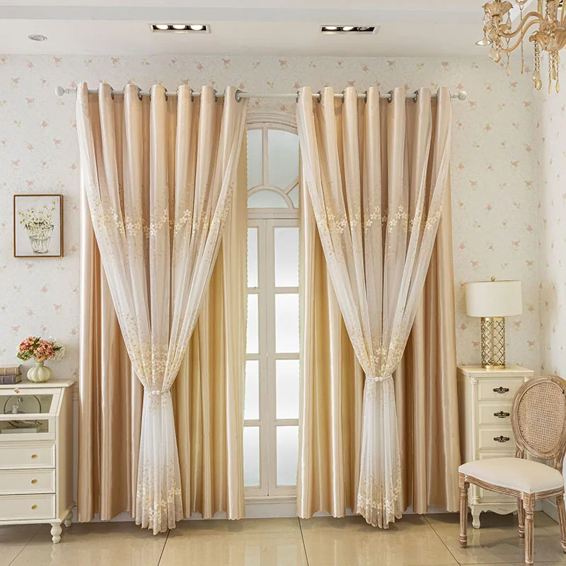 Pastoral Gauze Double-Layer Shading Curtain Flower Embroidery High Blackout Curtains Living Room Bedroom Opaque Window Drapes