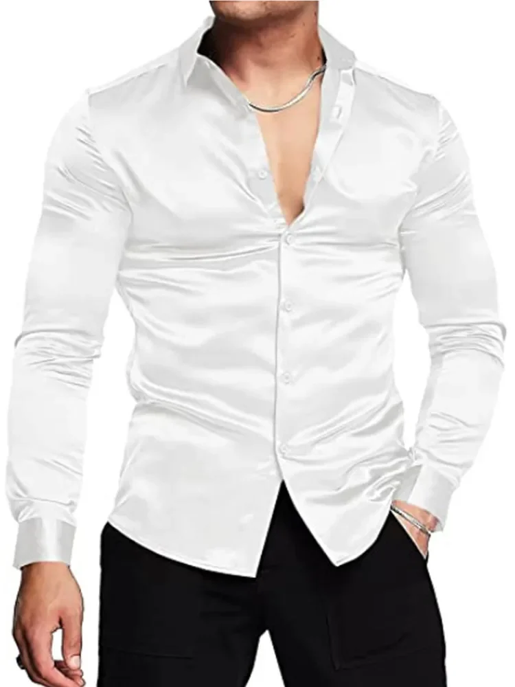 Men\'s luxurious shiny silk satin dress shirt Long sleeved casual slim muscle button-down shirt Plus size S-3XL