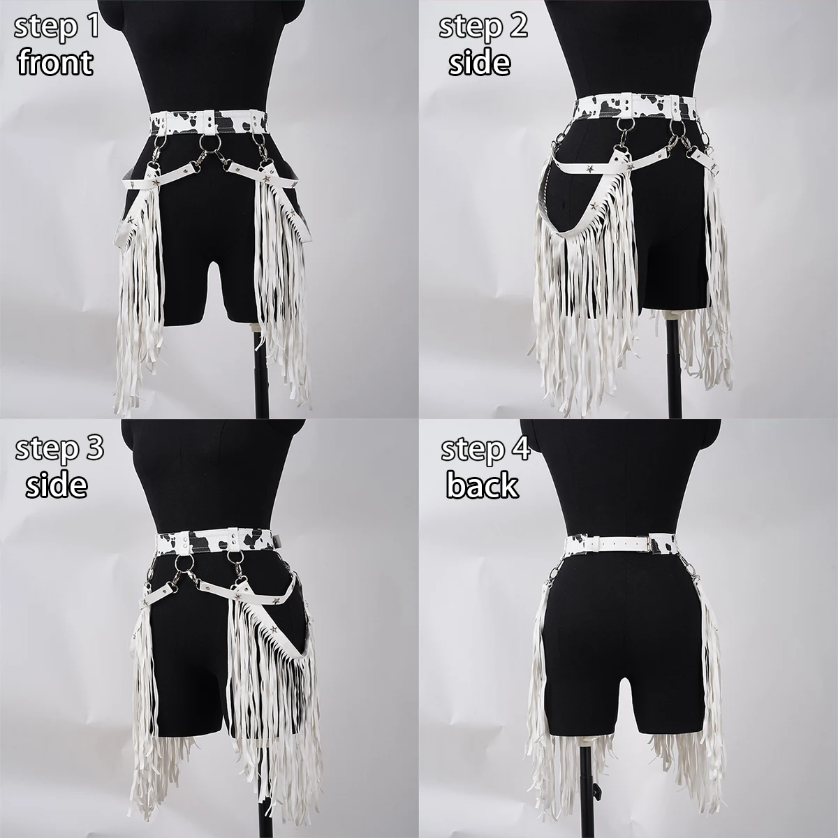 Women Sexy Harness Belt Denim printed white Tassels Short Leather Skirt PuLeather Punk Gothic Cowboy Girl Wild Holiday Attire