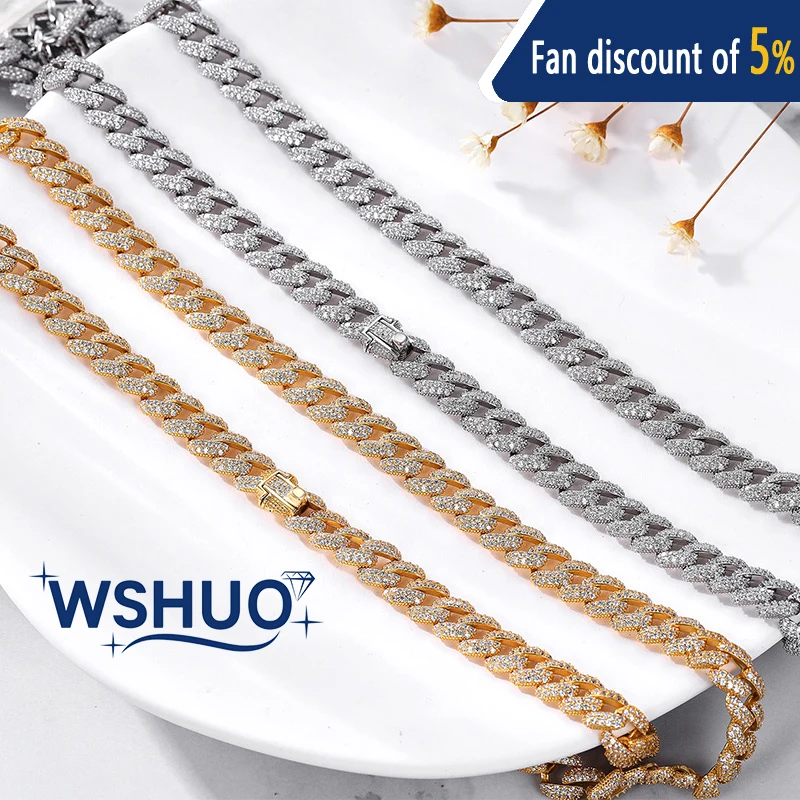 WSHUO Cuban Necklace S925 Sterling Silver Sparkling D Color High Carbon Diamond Hip Hop Fine Jewelry for Women Men Trendy Gift