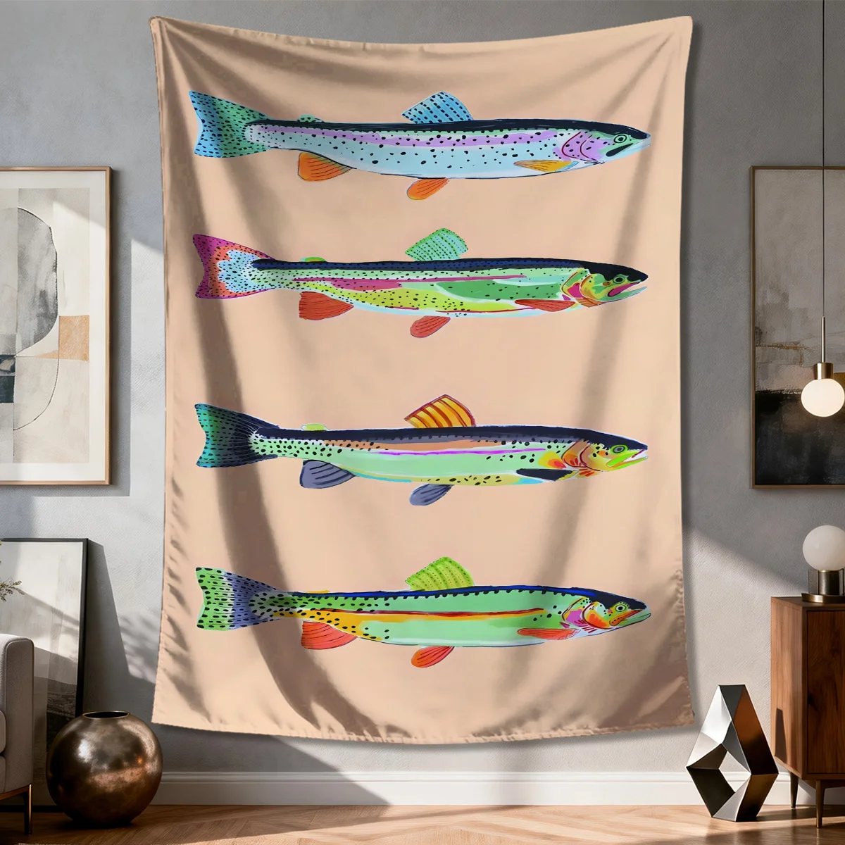 Tapiz con diseño de peces tropicales Koi, decoración de pared, estilo bohemio, subacuático, océano, náutico, decoración acuática, impresión artística, 150x300cm
