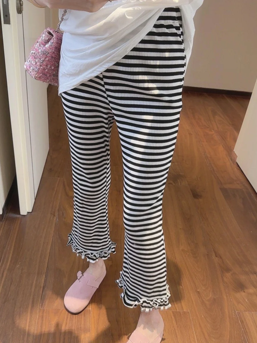 

plus Size Women's Casual Pants Elastic Waist Splicing Classic Black White Stripes Pleated High Waist Straight Leg Summer Trou...