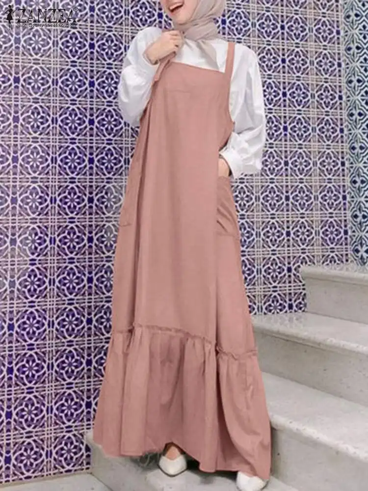 2023 ZANZEA Fashion Sleeveless Strap Dress Turkey Hijab Muslim Dresses Female Elegant Square Collar Ruffles Hem Sundress Abayas