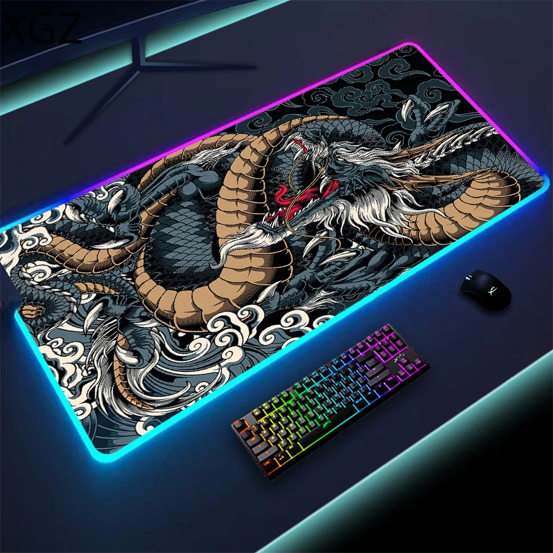 Chinese dragon pattern large game RGB game mouse pad PC accessories 12 kinds LED light XXL office keyboard desk mat anti-slip