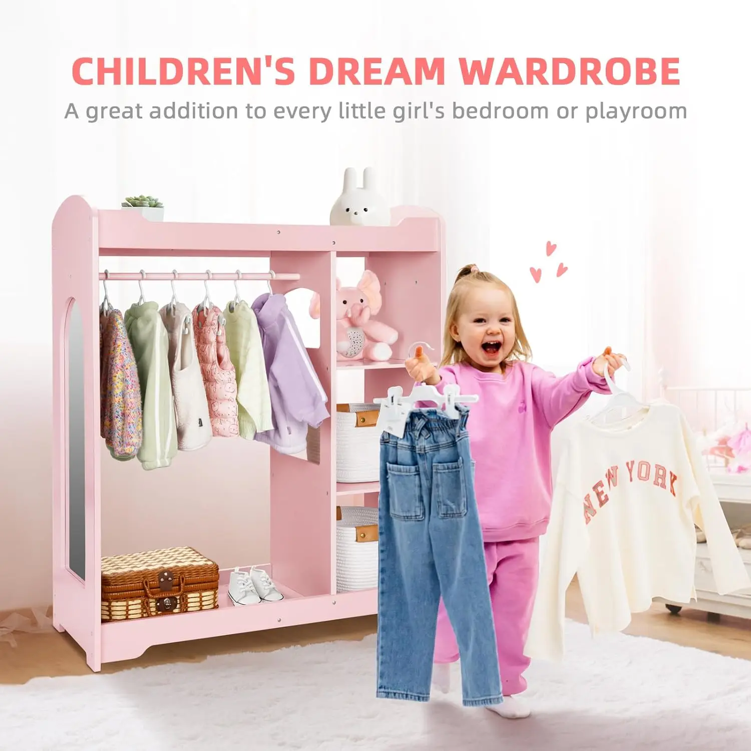 Kids Clothing Rack and Armoire with Mirror, Appropriate Height Kids Dress up Storage with Anti-tip Device, Helping Children Mana