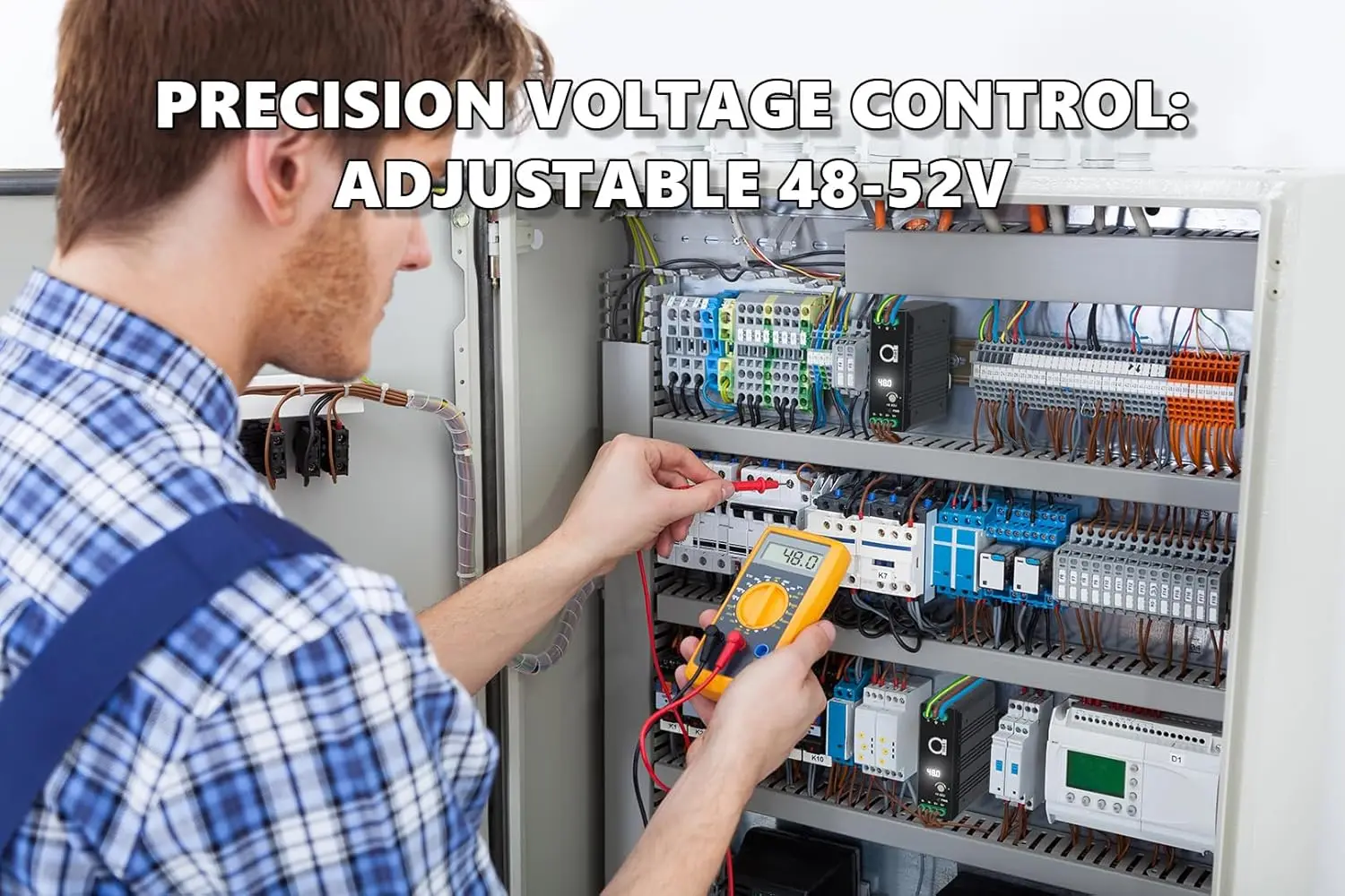 مصدر طاقة للسكك الحديدية 48 فولت DIN 120 وات، 2.5 أمبير، قابل للتعديل 48-52 فولت، مع توزيع تيار مستمر وشاشة LED، ألومنيوم بدون مروحة، -40 ° ج إلى +85 ° ج