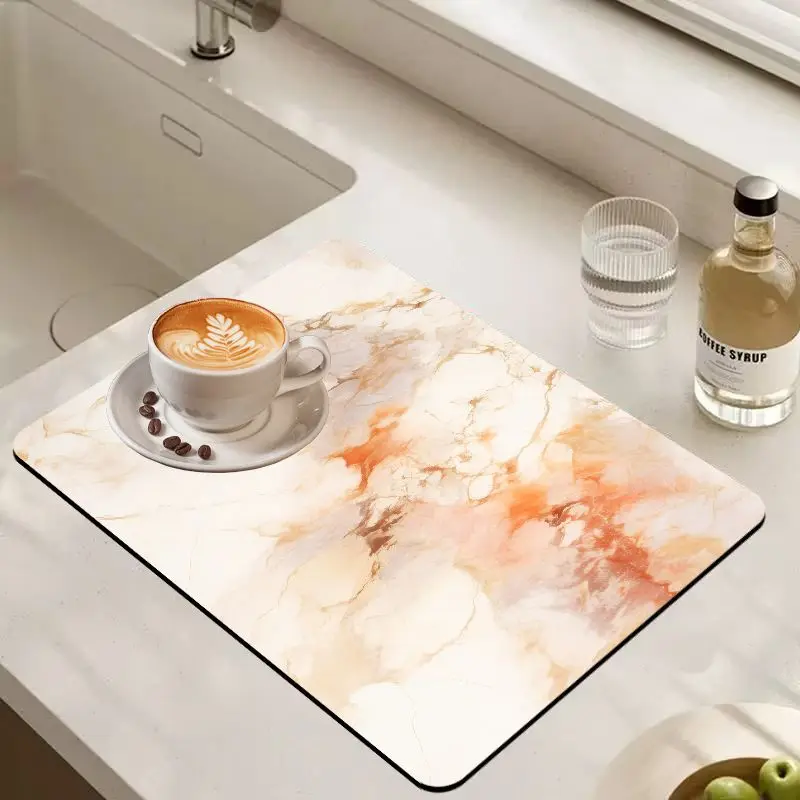 VIKAMA Warm Orange Vein Marble Coffee Mat Waterproof Quick Drying Absorbent Pad Non Slip Kitchen Coffee Bar Counter Mat