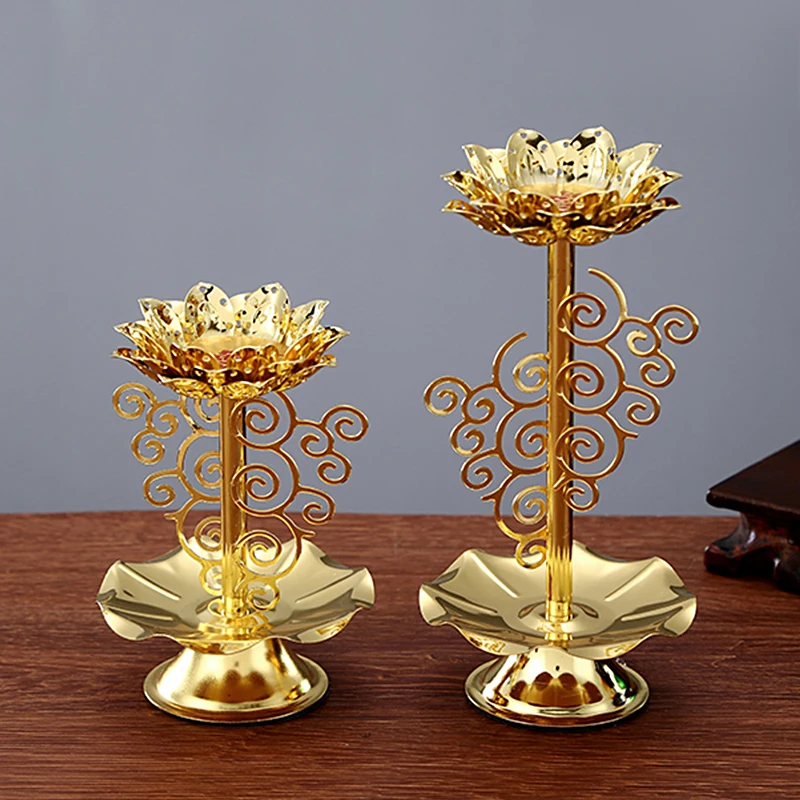 Golden Lotus Flower Candlestick Luxury Oil Lamp Tealight Base Traditional Diwali Buddha Religious Temple Prayer Candelabra Decor