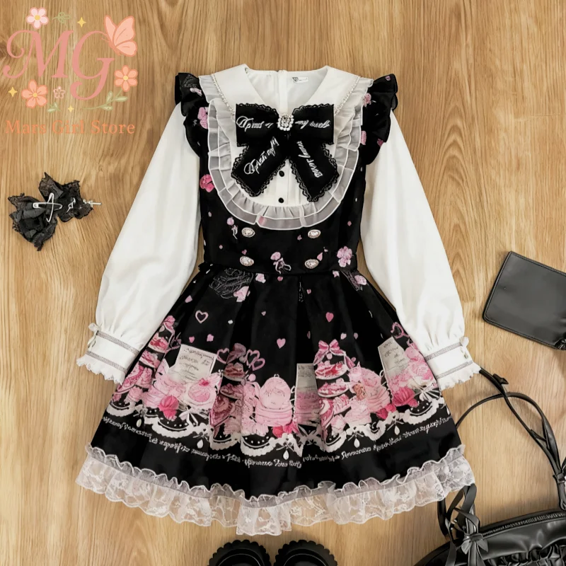 

Japanese Kawaii 2-Piece Sets Long Sleeve Top + Short Skirt Sweet Women Lolita Cute Print Bow Patchwork Elegant Casual Wear Y2K
