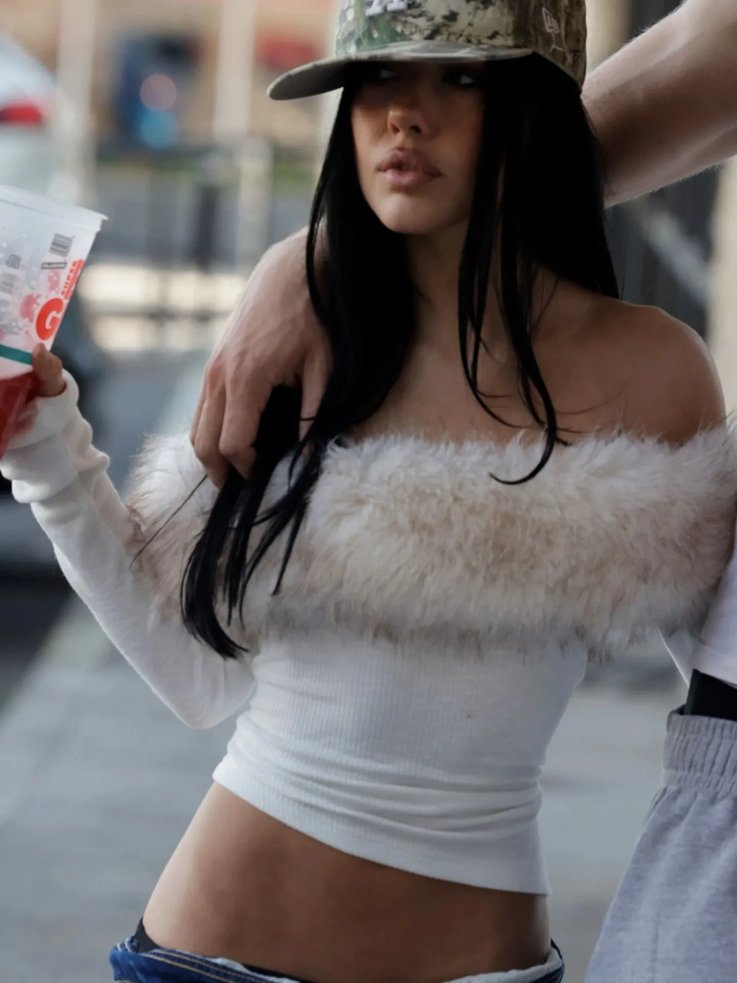 gia off-white one-shoulder sweater with detachable gradient light grey fur collar and irregular hem.