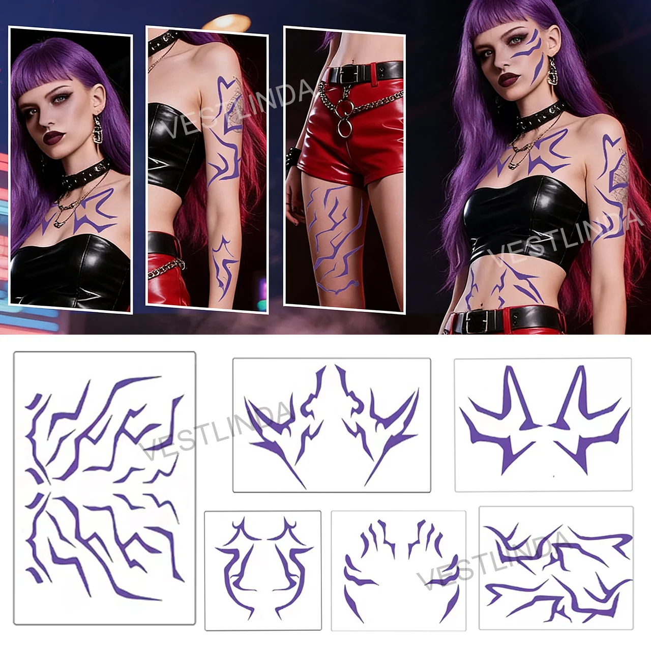 

1/6PCS Purple Bold Tattoo Stickers Cool Temporary Tattoo Patch Disposable Waterproof Facial Art Sticker Halloween Party Cosplay