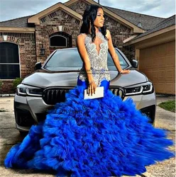 Luxury Sequined Crystal Mermaid Prom Dresses Customized Black Girsl Ruffles Evening Gowns Sleeveless Long robes de soirée