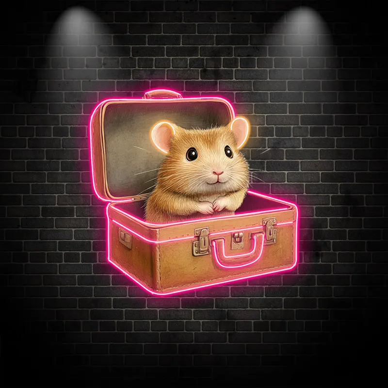 Toysign Custom Neon Sign, Hamster in Neon-Glowing Suitcase Art - Cute and Unique LED Poster for Travel-Themed Decor or Kids Room