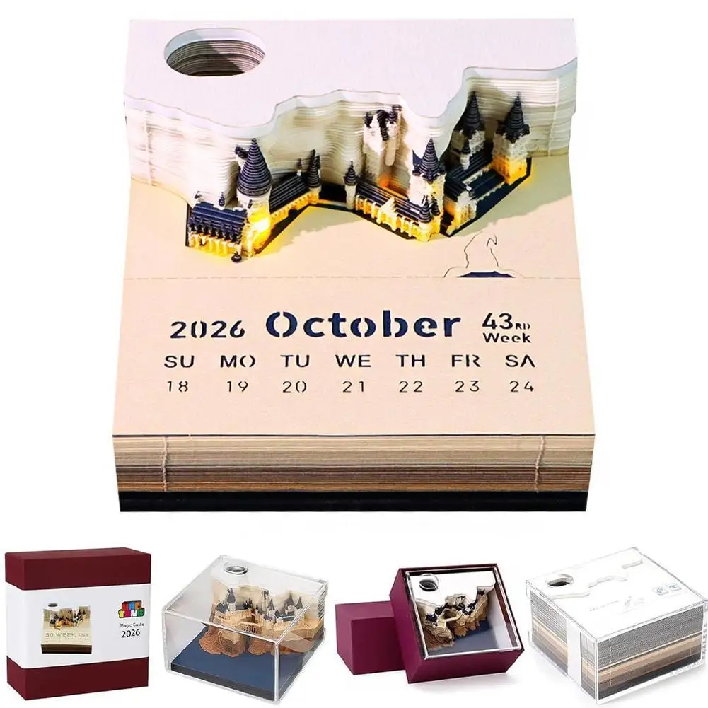 

2026 Magic Castle 3D Paper Art Calendar Notepad with LED Lights, Weekly Planner with Pen Holder Desk Decoration Gift Set