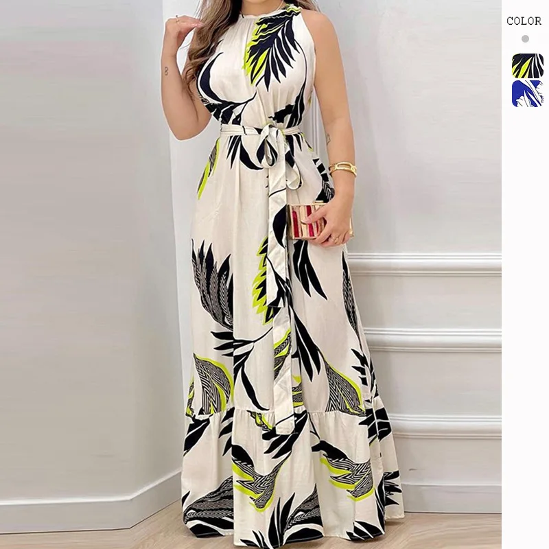 

2026 Summer New Halter Neck Tie Print Ruffle Fashionable and Elegant Dress for Women Vestidos De Mujer