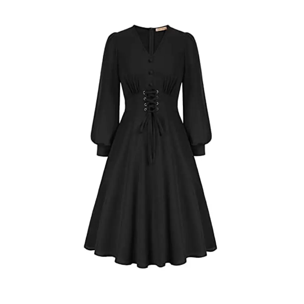 Abito vintage da donna con scollo a V, lunghezza a metà polpaccio, abiti gotici, cosplay medievale, abbigliamento gotico vichingo celtico rinascimentale