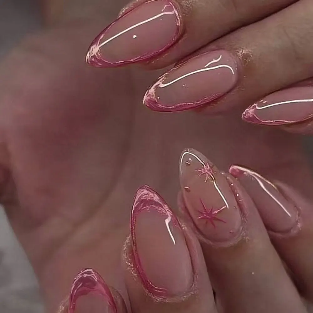 24 tiras de unhas de gel vermelho rosa em forma de amêndoa, criam arte de unhas acrílicas francesas em forma de estrela 3D, ajuste perfeito para pontas dos dedos, conjunto Inc
