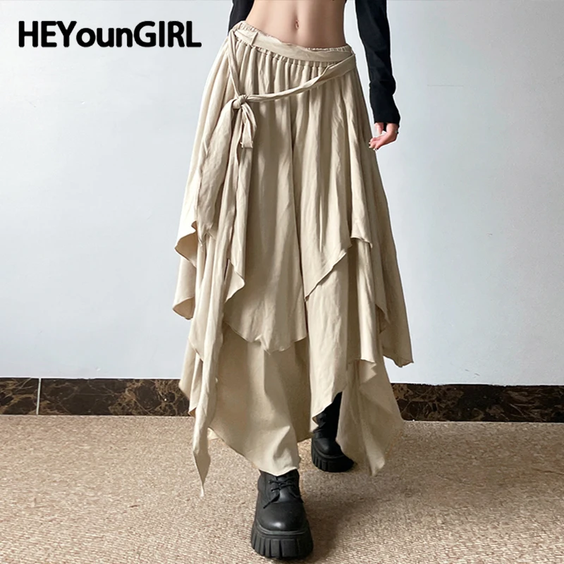 HEYounGIRL Grunge Style Asymmetrical Long Skirt Women Vintage Khaki Elastic Waist Lace-up A-line Skirt Loose Fit Korean Fashion