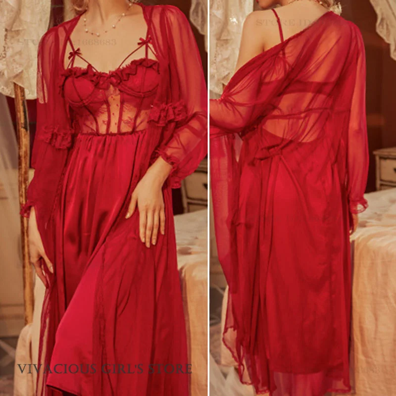 Female Twinset Robe Set Sexy Perspective Mesh Lace Lingerie Homewear Summer New Chemise Sleepwear Nightgown Satin Loungewear